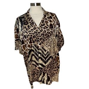 Banana Republic Blouse Animal Print XXL 100% Silk Short Sleeve Button Up Top